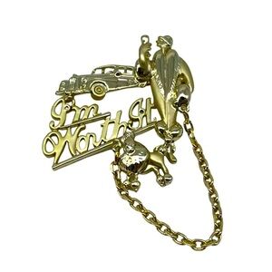 Signed AJC Gold Tone "I'm Worth It" Poodle & Car Dangle Chain Brooch Pin EUC